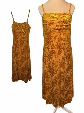Beautiful Golden Yellow Floral Velvet midi length Slip Dress size M